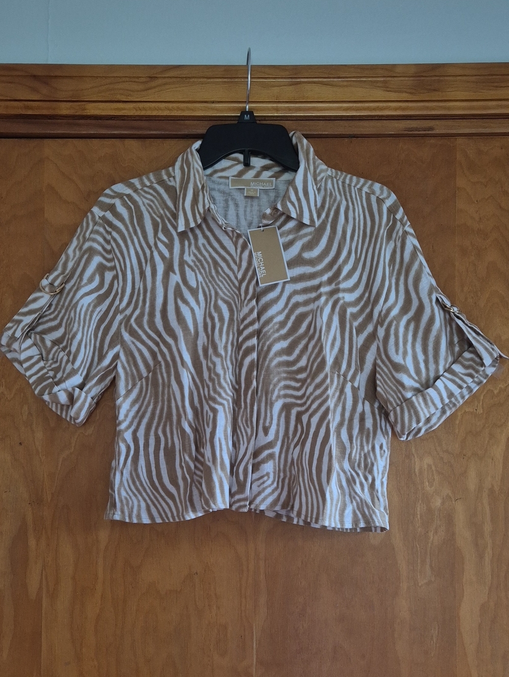 MICHAEL Michael Kors Women’s Linen Blend Woven Zebra-Print Crop Shirt, size M